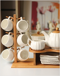 竹制上杯架托盘 整套陶瓷茶杯